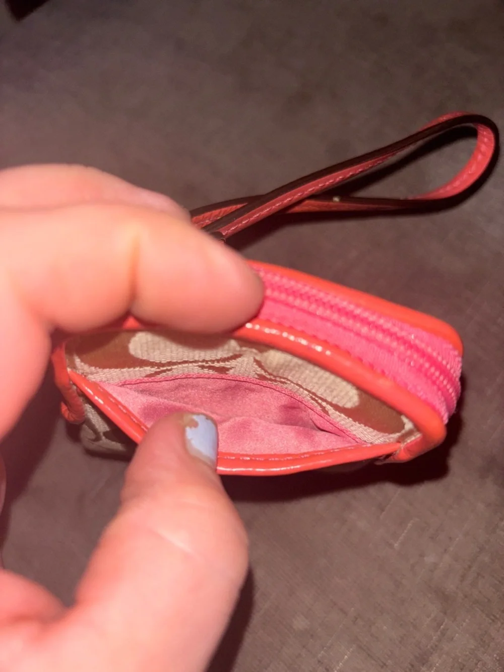 Coach Beige Signature Canvas Wristlet with Coral Trim